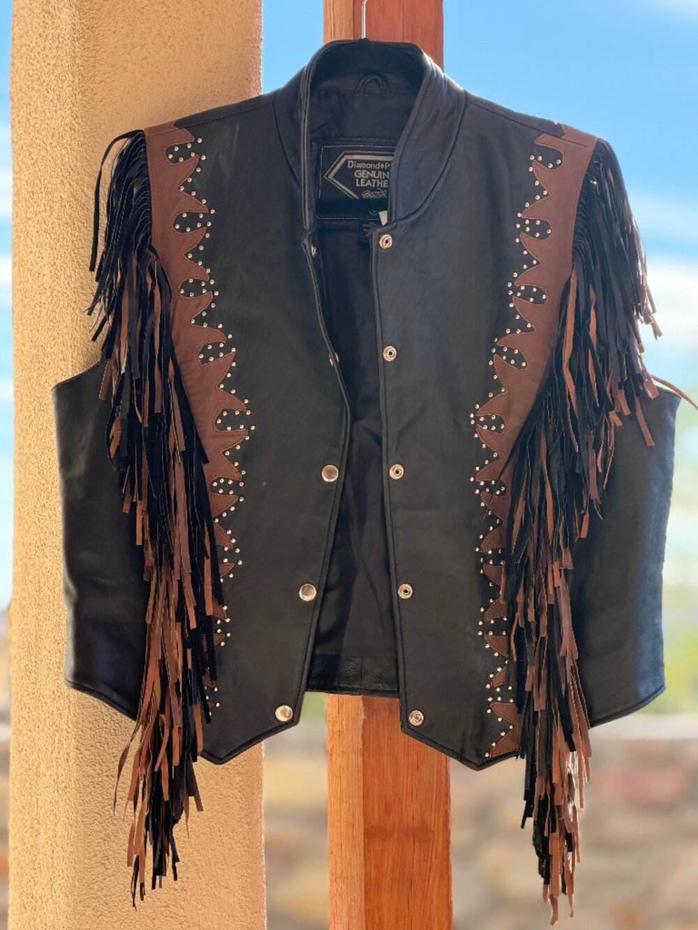 Diamond Plate Genuine Leather Fringe Western Biker Vest 2X Black Brown Studded